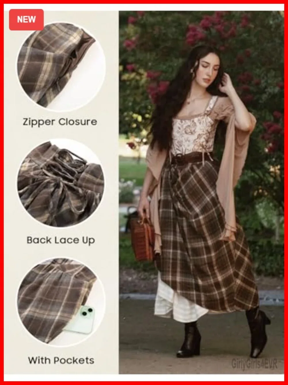 Plaid Maxi Skirt A-Line High Rise Lace-Up Cottagecore Victorian